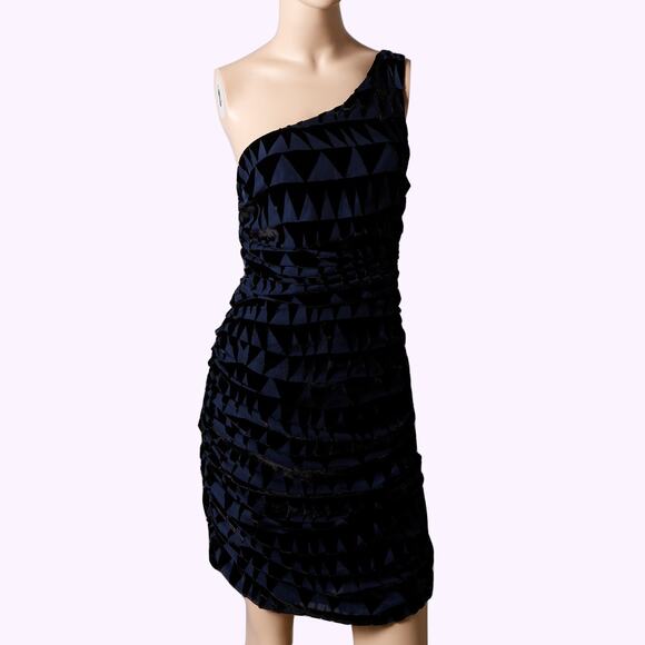 MARA HOFFMAN Blue and Black Textured One-Shoulder Ruched Mini Dress - Picture 1 of 6